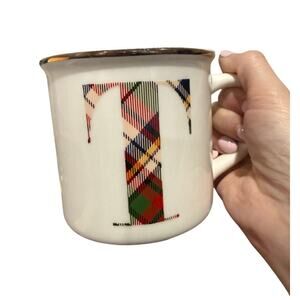 Pottery Barn Stewart Plaid Coffee Tea Mug Letter T Monogram 16oz Ceramic Holiday